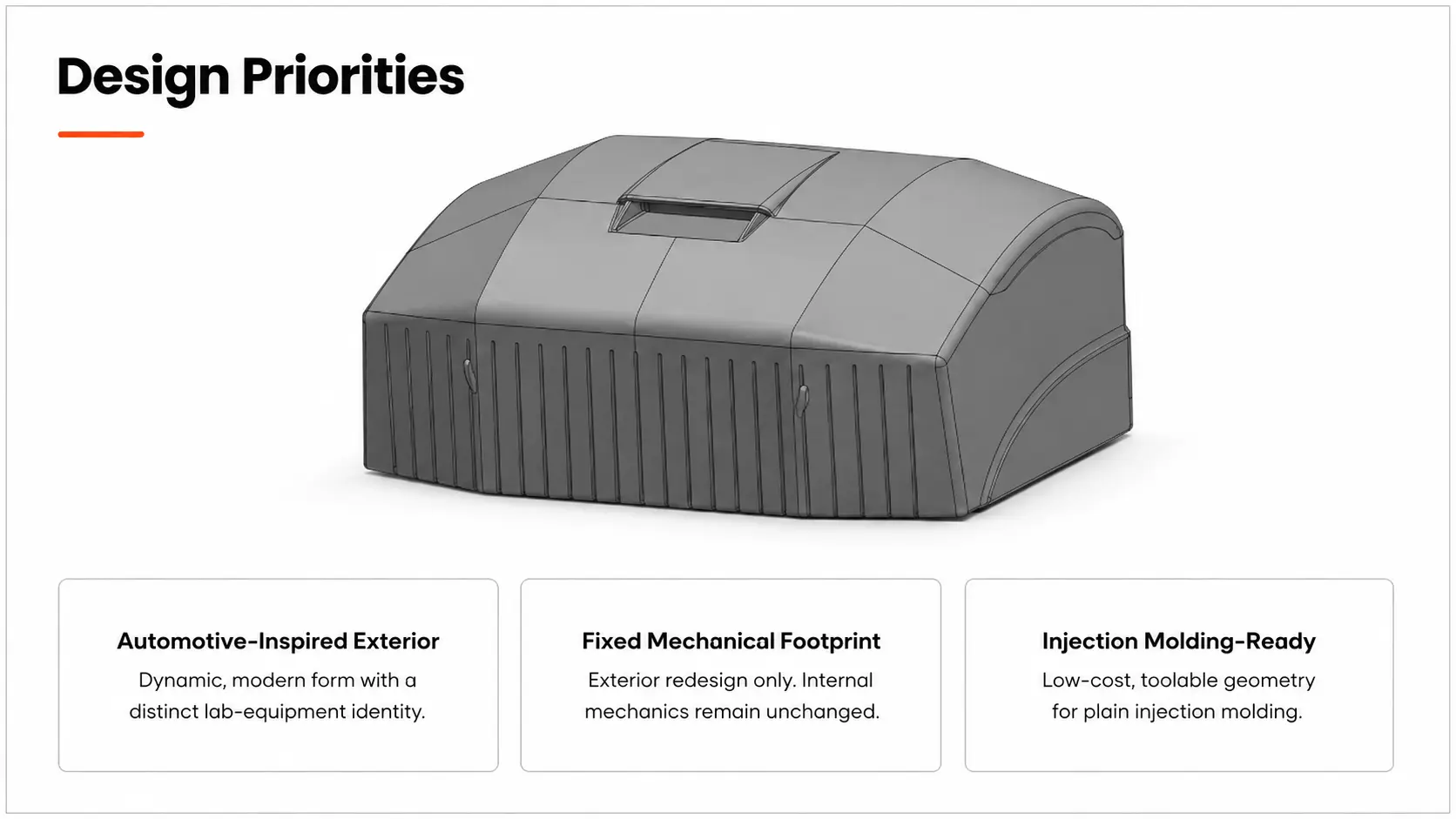 Centrifuge machine design priorities — automotive exterior, fixed mechanical footprint, injection molding-ready